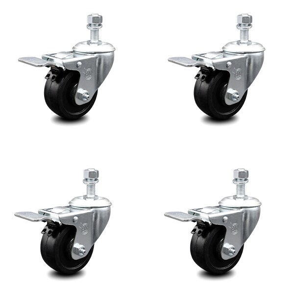 3 Inch Soft Rubber Wheel Swivel 1/2 Inch Stem Caster Set with Total Lock Brake SCC